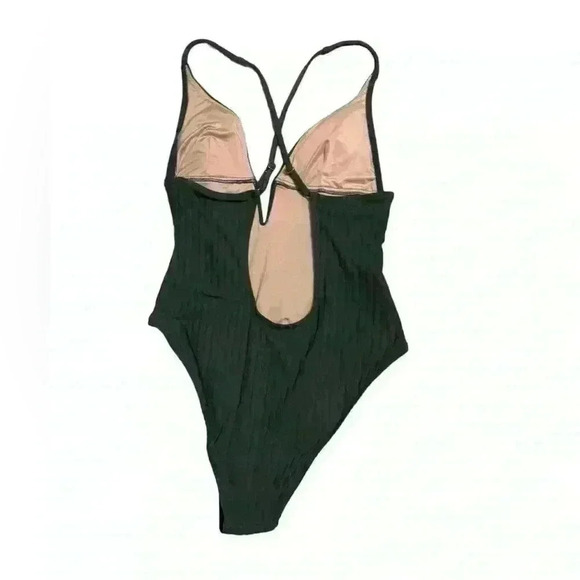 Shade & Shore Green Ribbed Plunge V-neck One Piece Swimsuit Women’s L - Picture 2 of 3